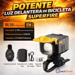 Luz Delantera para Bicicleta SUPERFIRE BL58 10W 650LM Recargable con Control Remoto