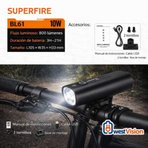 Luz Delantera para Bicicleta SUPERFIRE BL61 10W 800LM Recargable USB