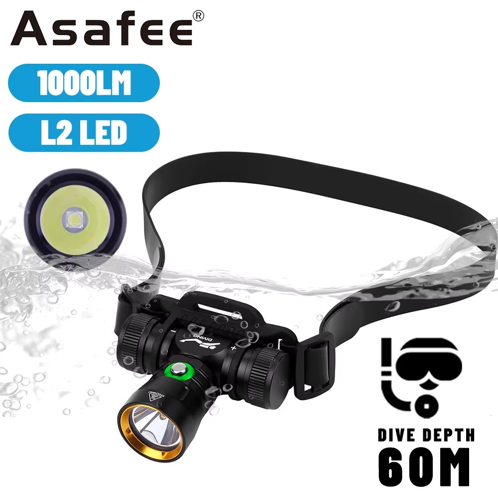 Linterna Frontal acuatica Asafee 1000LM L2 LED para Buceo - Imagen 2