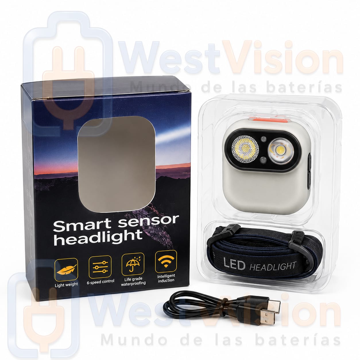 Linterna Frontal LED con Sensor Inteligente 350 Lúmenes Recargable