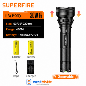 Linterna Superfire L3 P90 36W / 3500 lumenes recargable zoom
