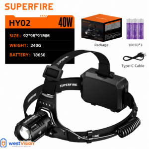 Linterna frontal Superfire HY02 40W / 2300 lumenes recargable