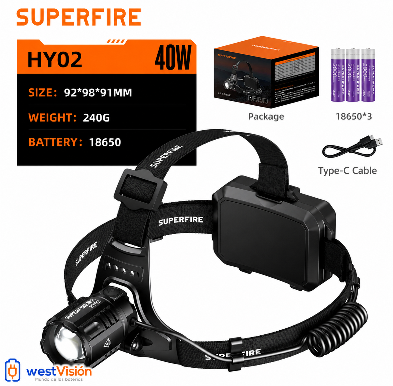 Linterna frontal Superfire HY02 40W / 2300 lumenes recargable