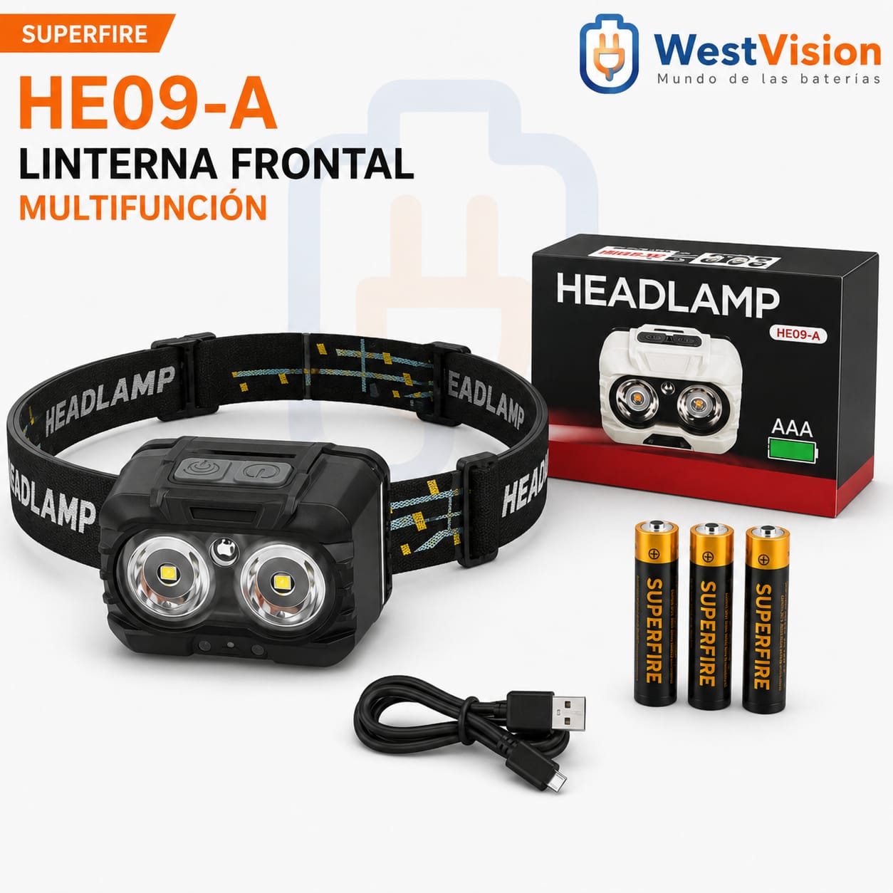 Linterna Frontal a pilas 3AAA Superfire HE09-A Multifunción