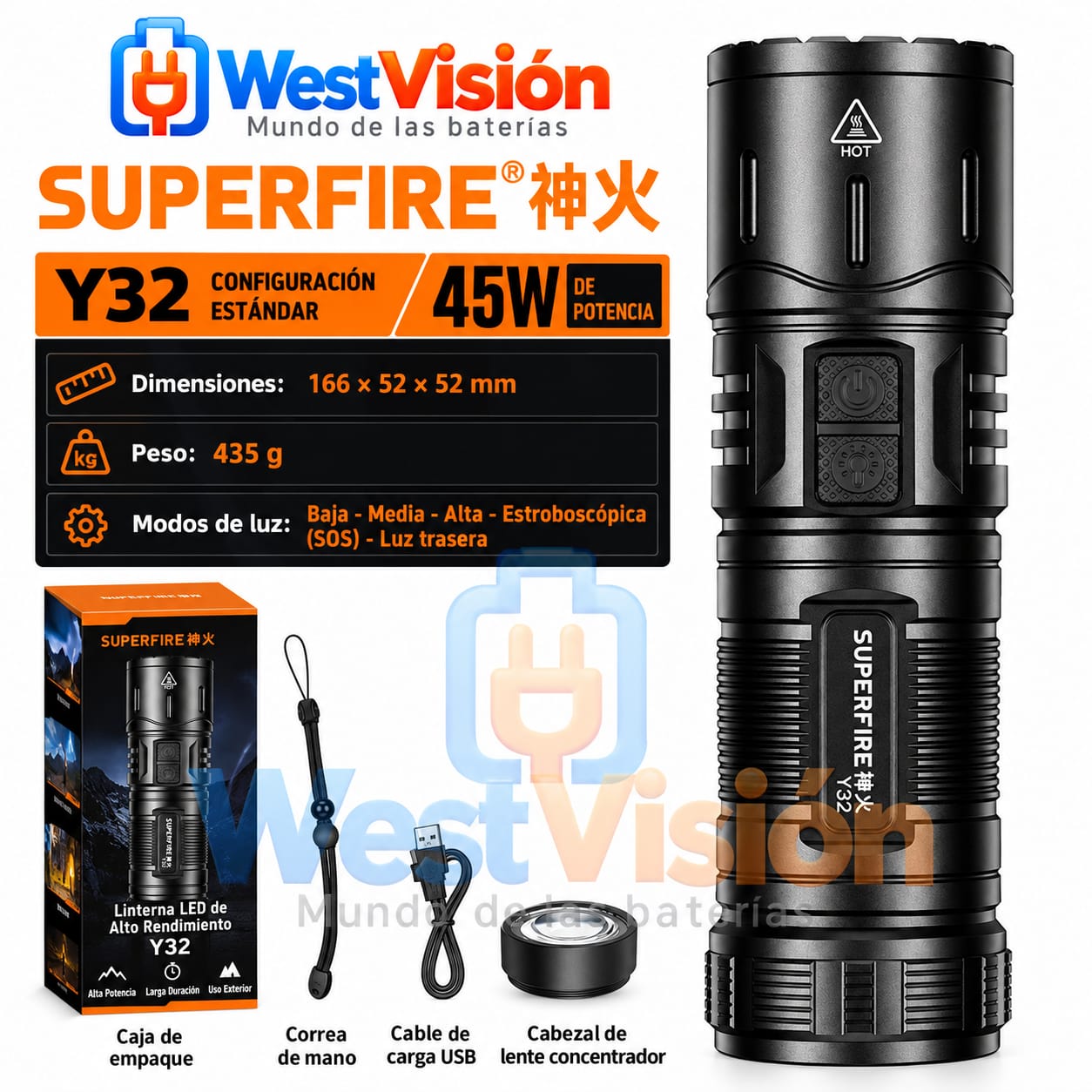 Linterna Recargable SUPERFIRE Y32 2500 Lúmenes 45W