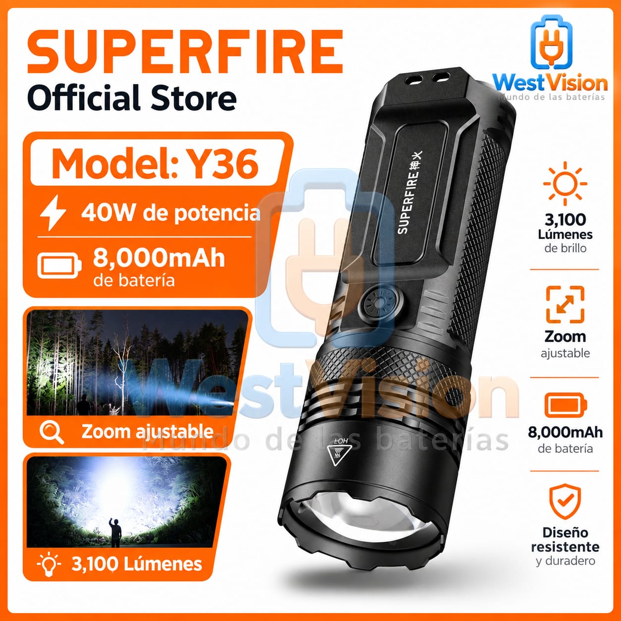 Linterna Recargable SUPERFIRE Y36 3100 Lúmenes 40W